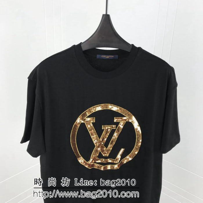 LV路易威登 19ss早春新款 金色珠片大LV字母 純棉短袖 男女同款 ydi1805